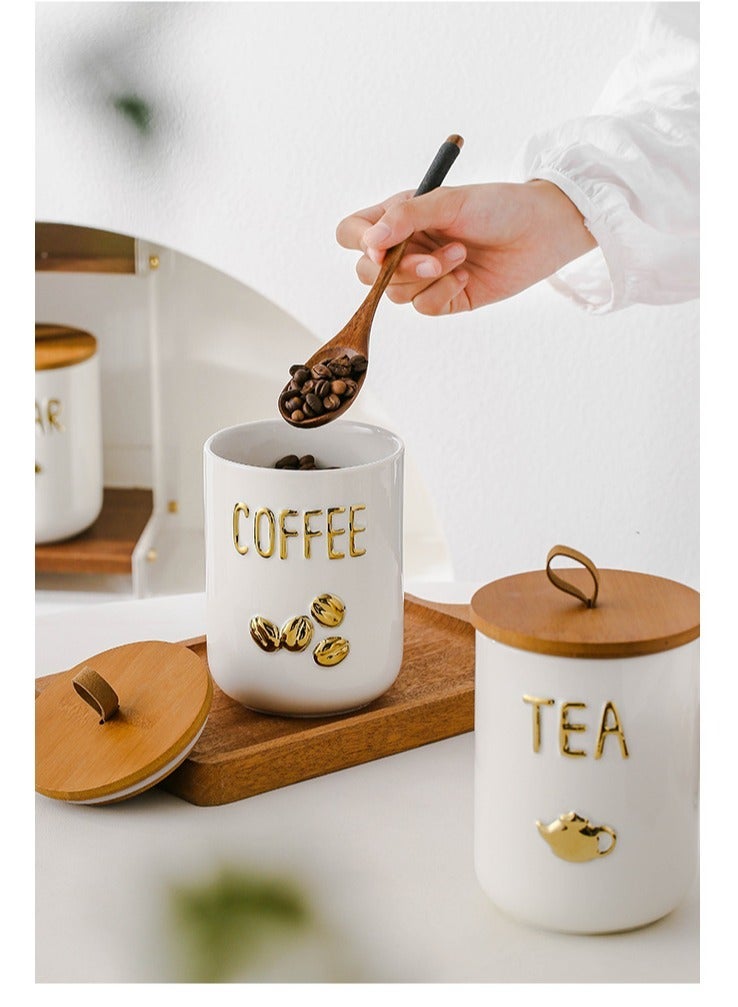 جرة تخزين السيراميك ماتي مع غطاء الخشب الصلب - وصفت الذهبي لشاي رمضان / القهوة / السكر ، مختومة المنزل المنظم - Image 3